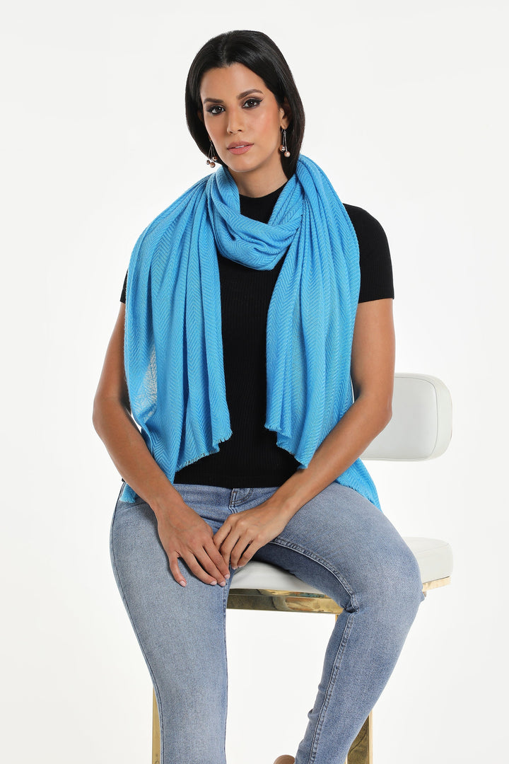 Camel Wool Luxury Scarf - Ocean Blue Chevron Plain