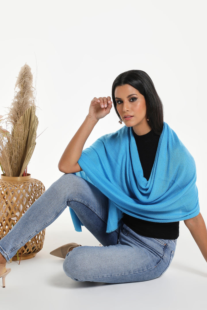 Camel Wool Luxury Scarf - Ocean Blue Chevron Plain