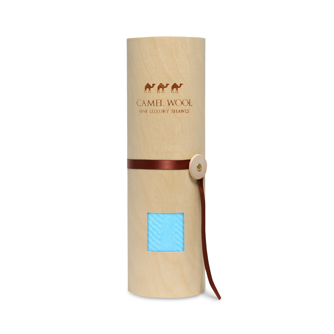 Camel Wool Luxury Scarf - Ocean Blue Chevron Plain