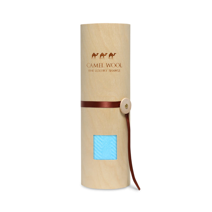 Camel Wool Luxury Scarf - Ocean Blue Chevron Plain