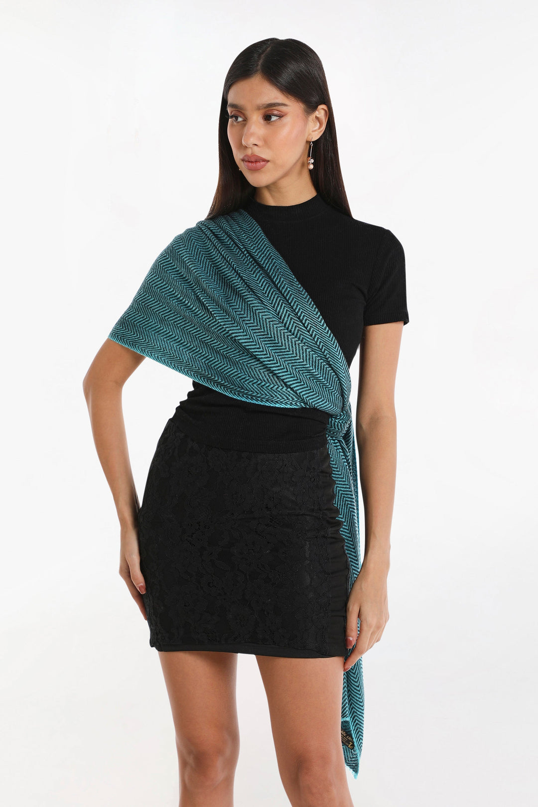 Camel Wool Luxury Scarf - Turquoise Chevron BW