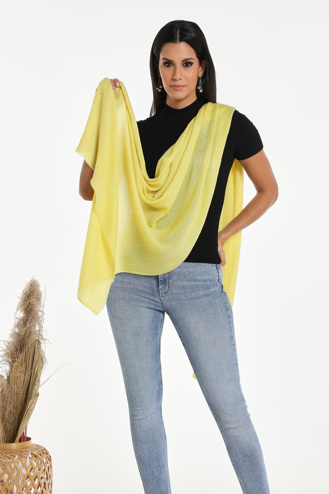 Camel Wool Luxury Scarf - Lime Yellow Chevron Plain