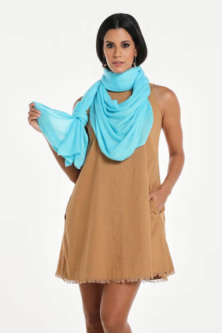 Camel Wool Luxury Scarf - Turquoise Chevron Plain