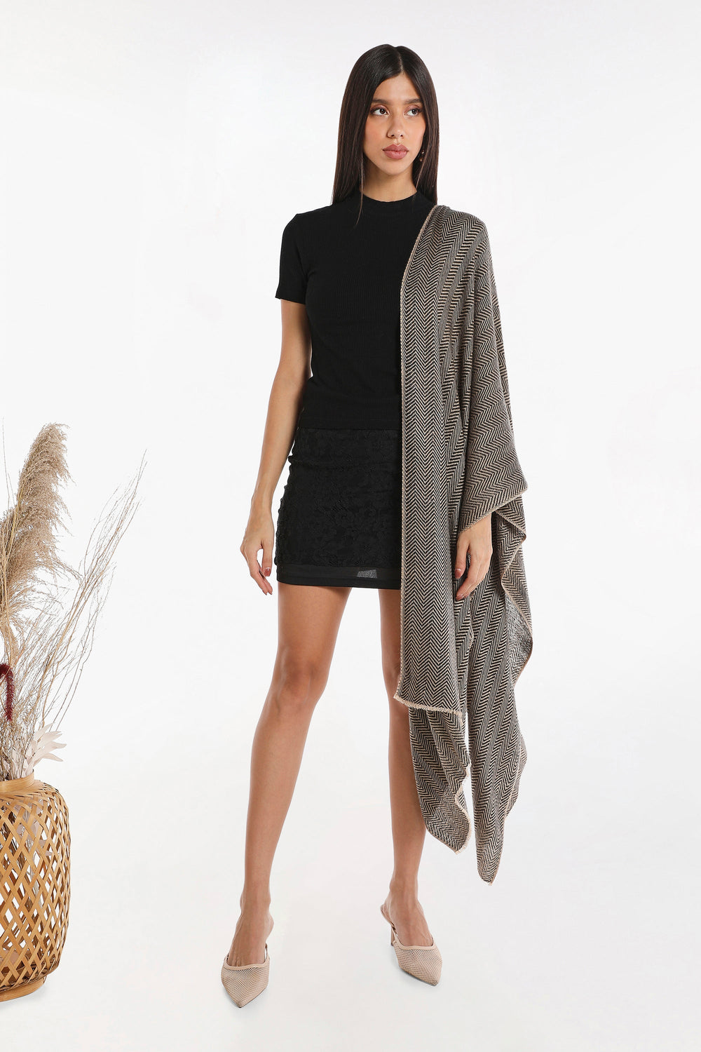 Camel Wool Luxury Scarf - Biscuit Chevron BW