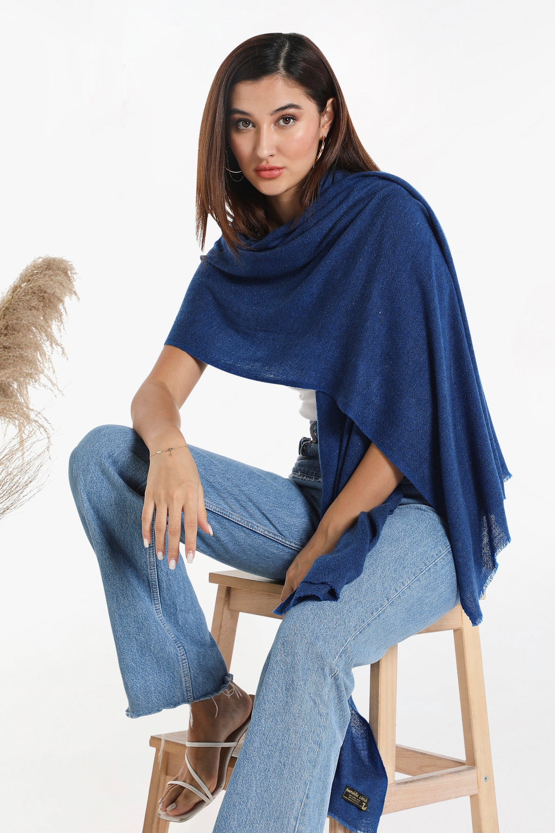 Camel Wool Luxury Scarf - Cobalt Blue Diamond