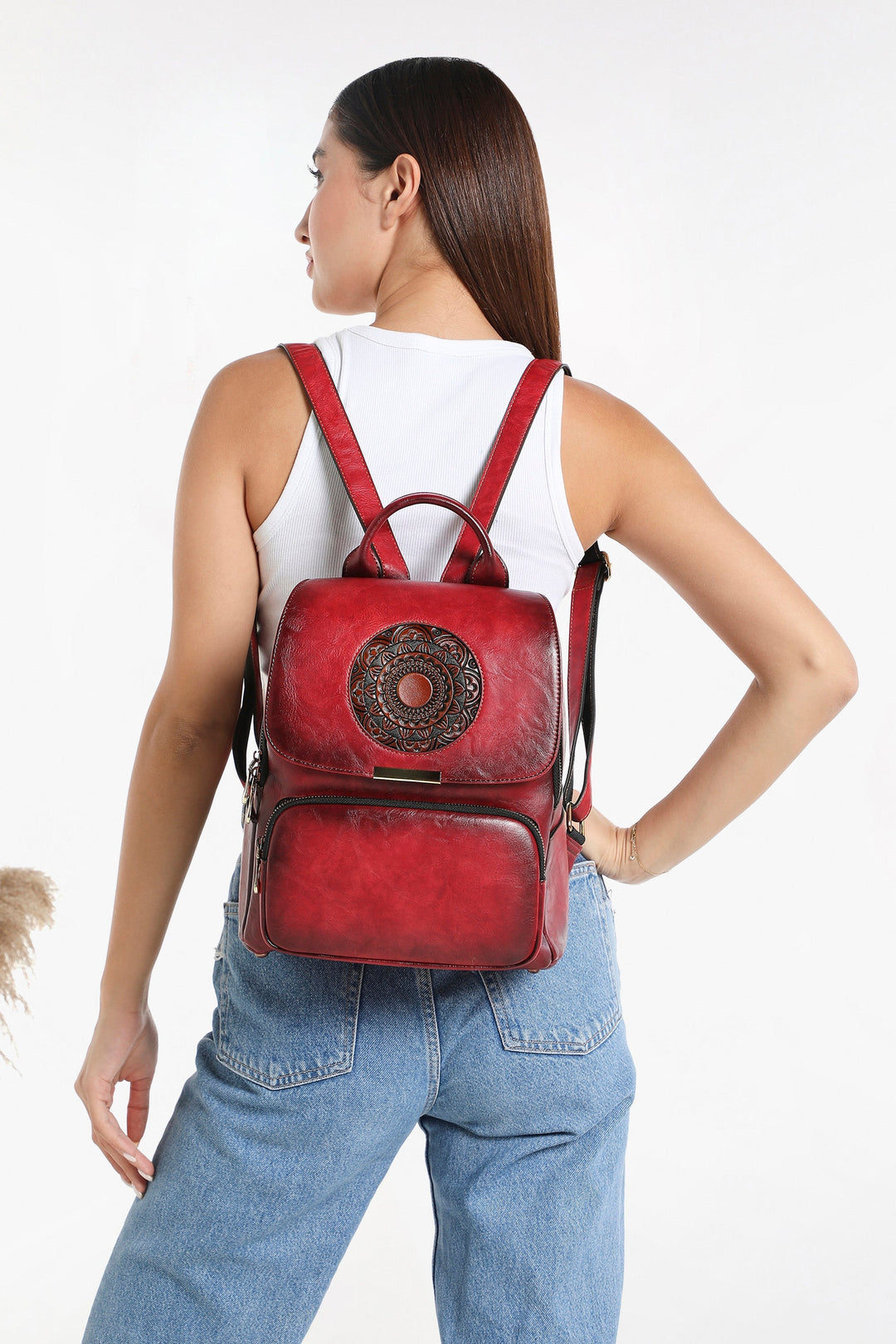 Halo Women's Genuine Leather Backpack - Crimson Red