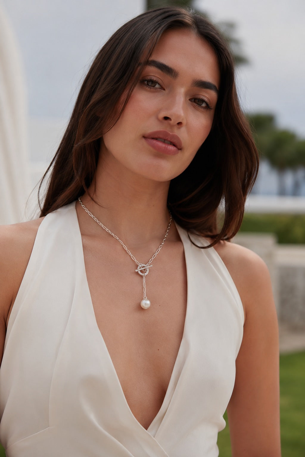 Pearl Drop Sterling Silver Zircon Necklace