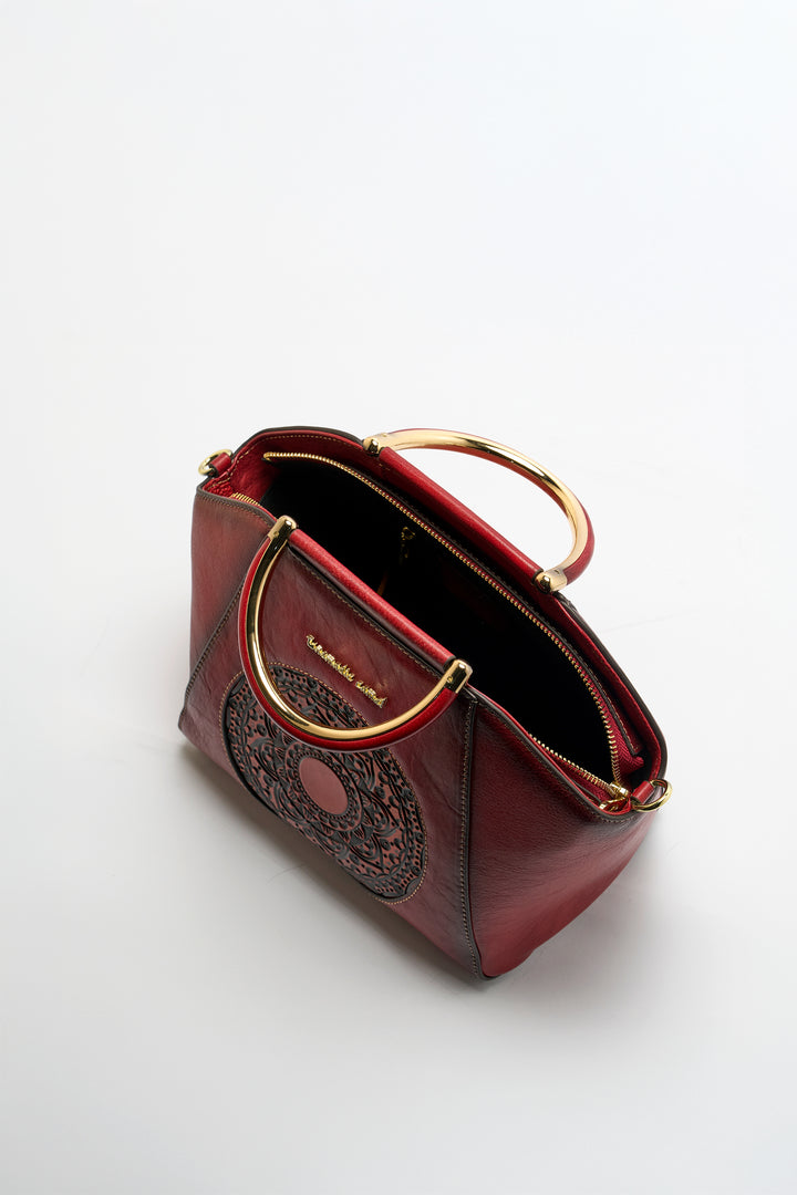 Trapez Women's Genuine Leather Handbag - Crimson