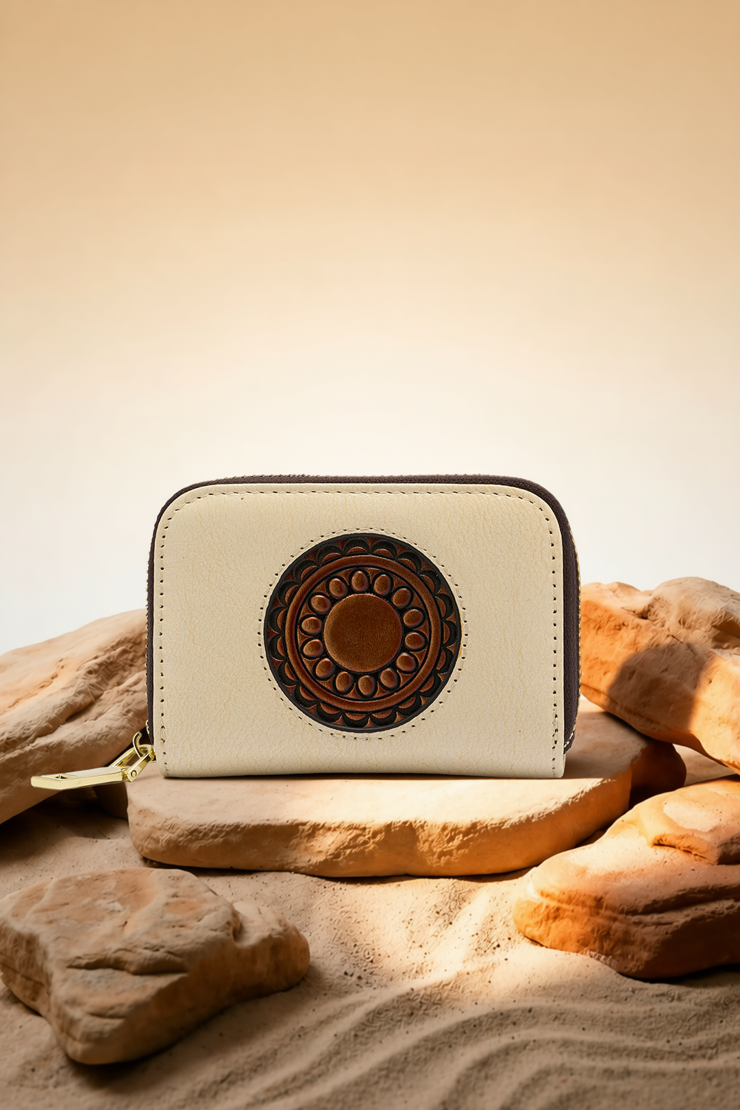 Embossed Genuine Leather Card Holder - Ivory