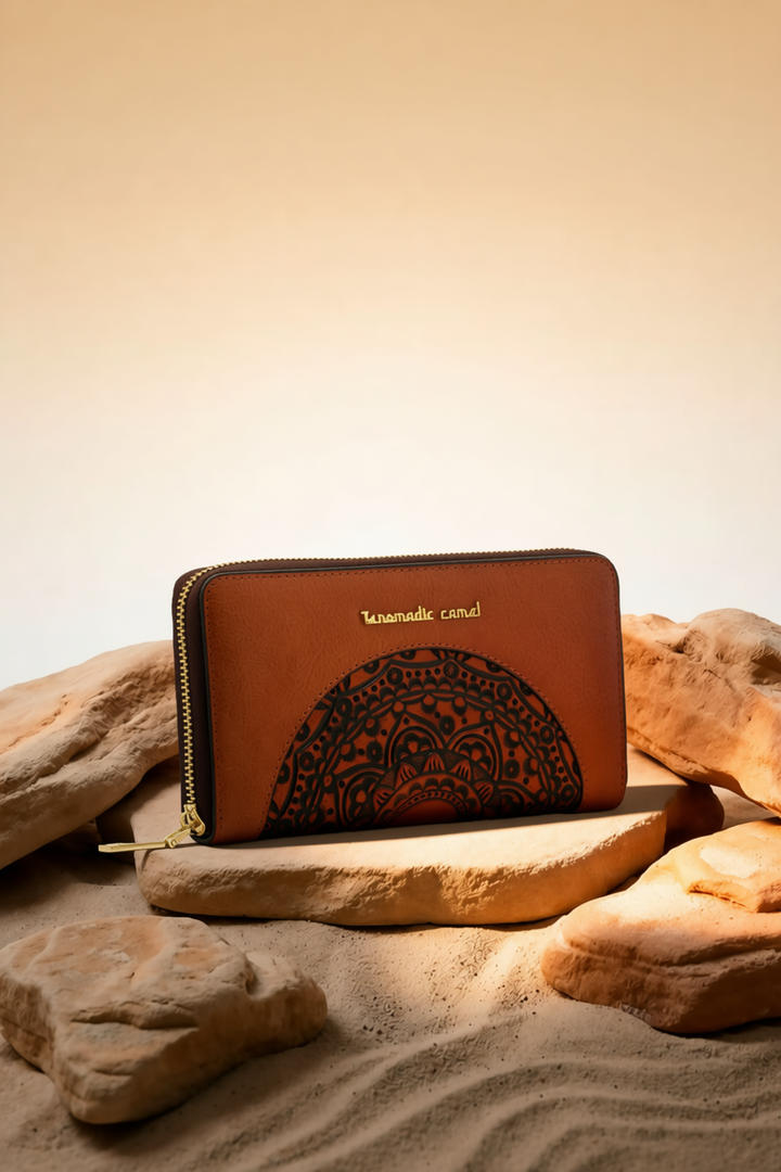 Embossed Women's Genuine Leather Clutch - Mocha