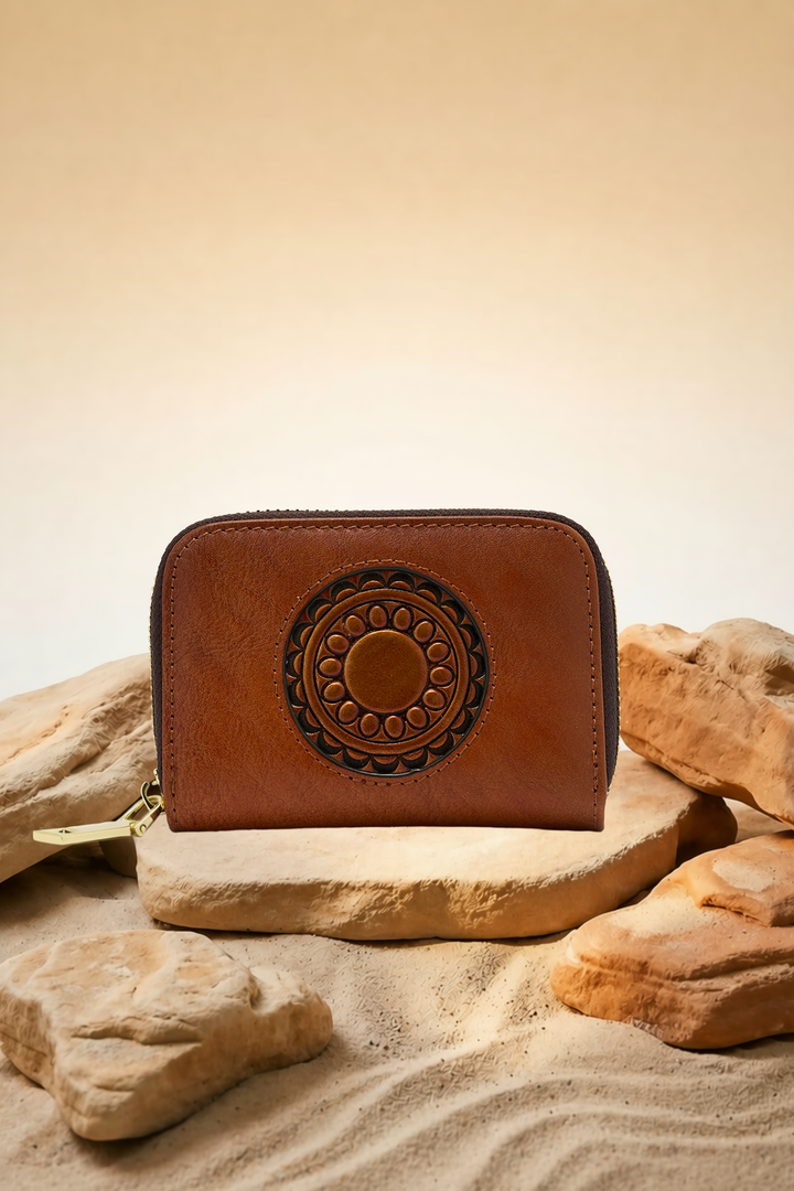 Embossed Genuine Leather Card Holder - Mocha