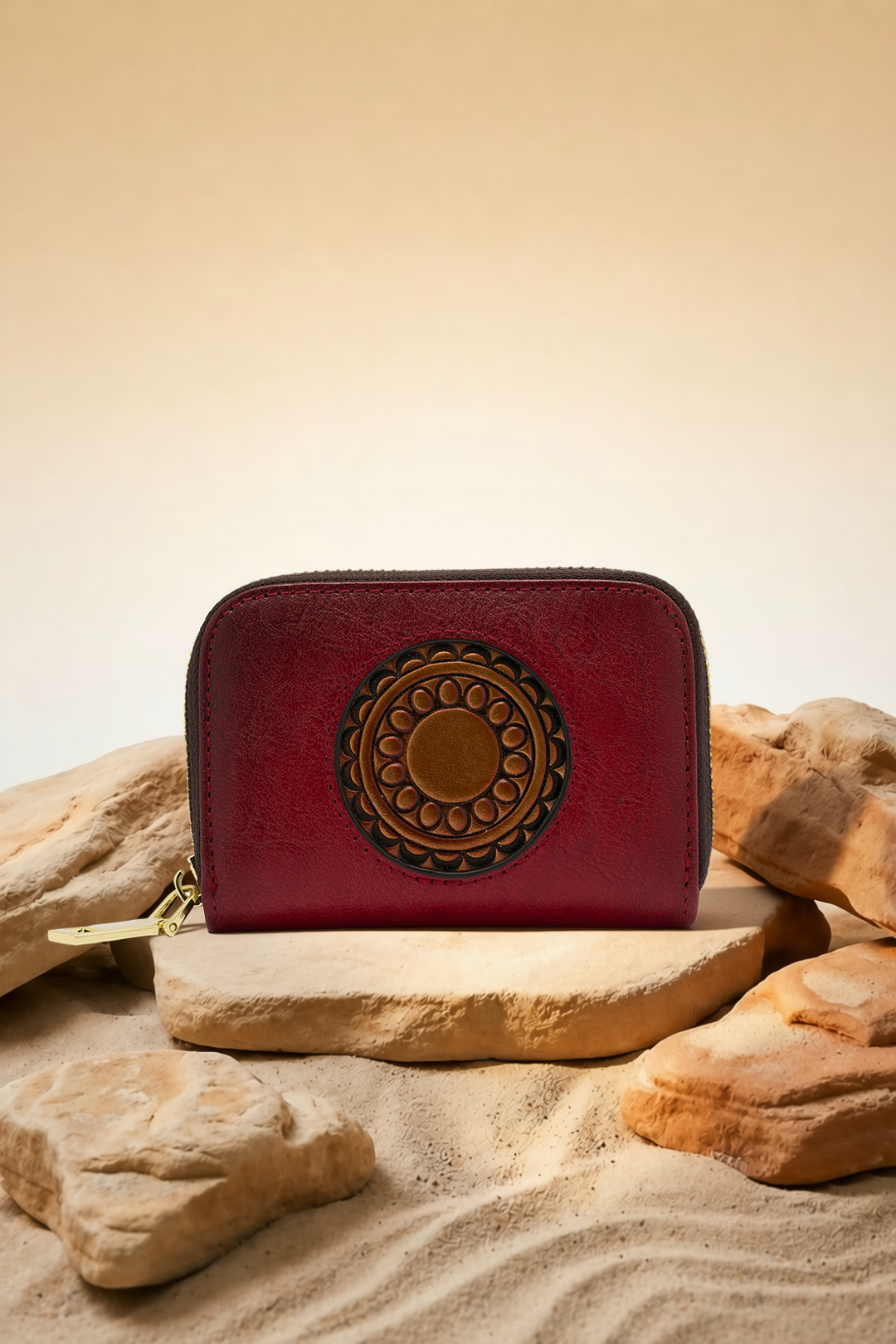 Embossed Genuine Leather Card Holder - Crimson