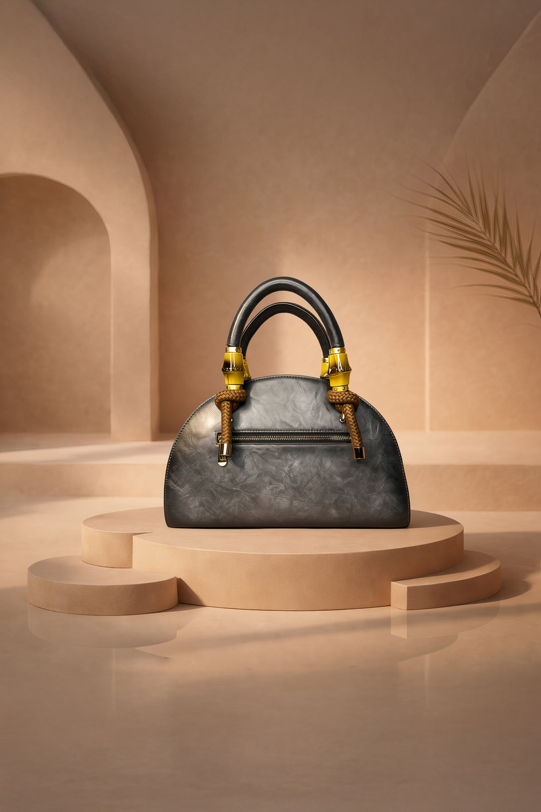 حقيبة كريسنت النسائية المصنوعة من الجلد الطبيعي - رمادي فحمي