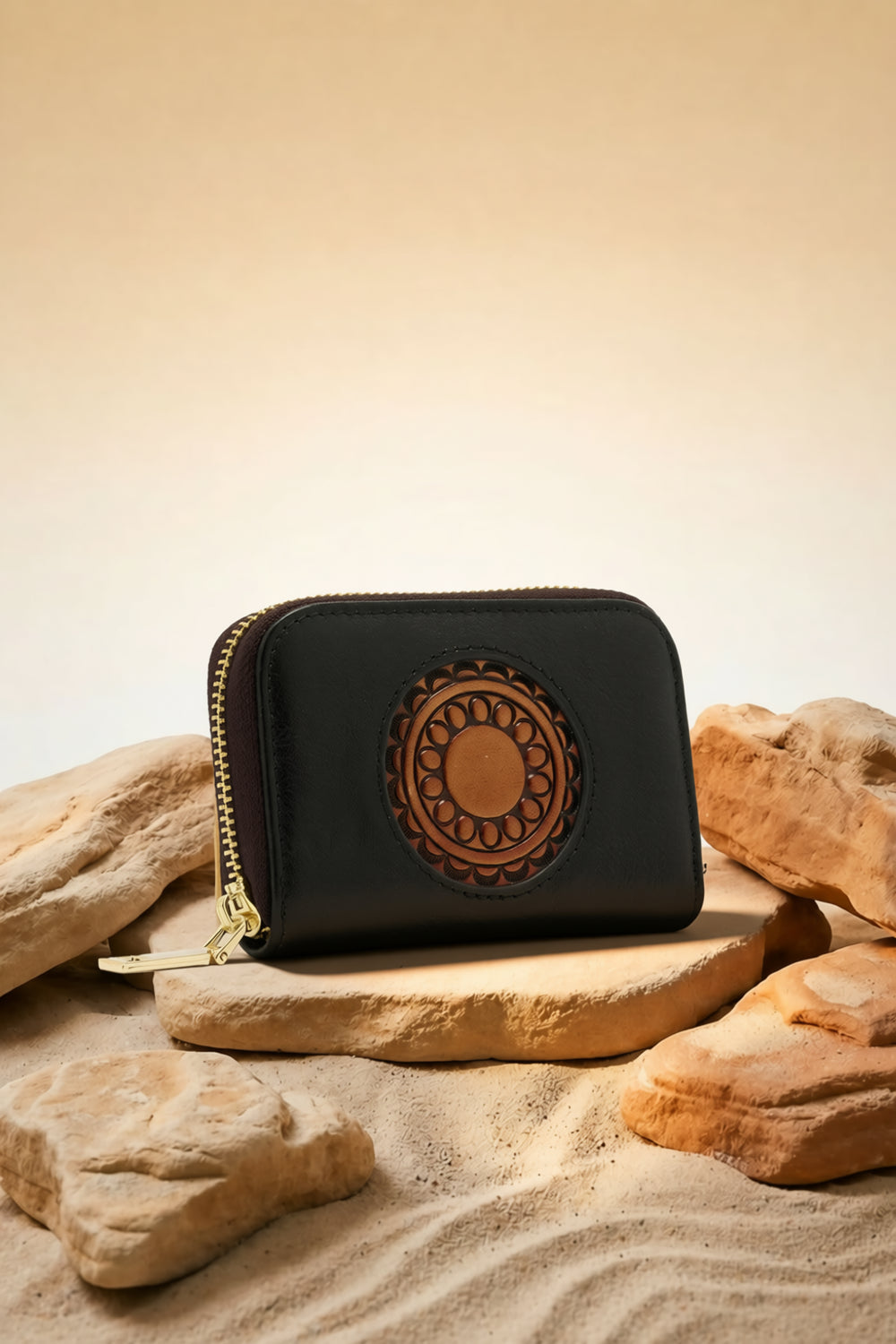 Embossed Genuine Leather Card Holder - Black