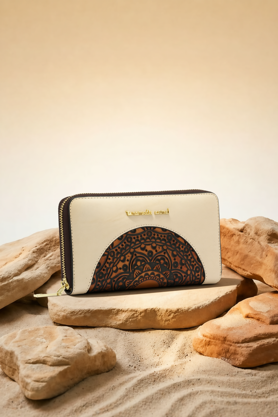 Embossed Women's Genuine Leather Clutch - Ivory