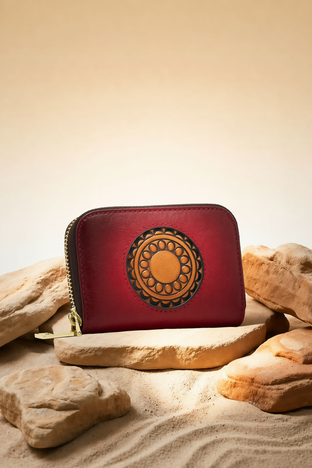 Embossed Genuine Leather Card Holder - Crimson