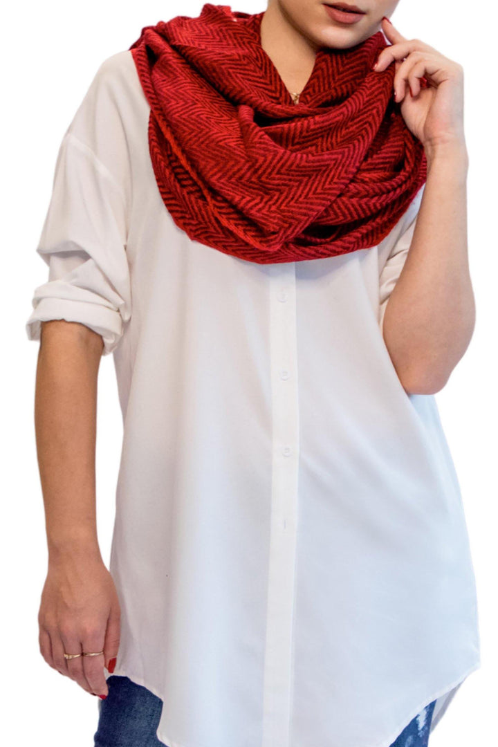 Camel Wool Luxury Scarf - Crimson Red Chevron BW