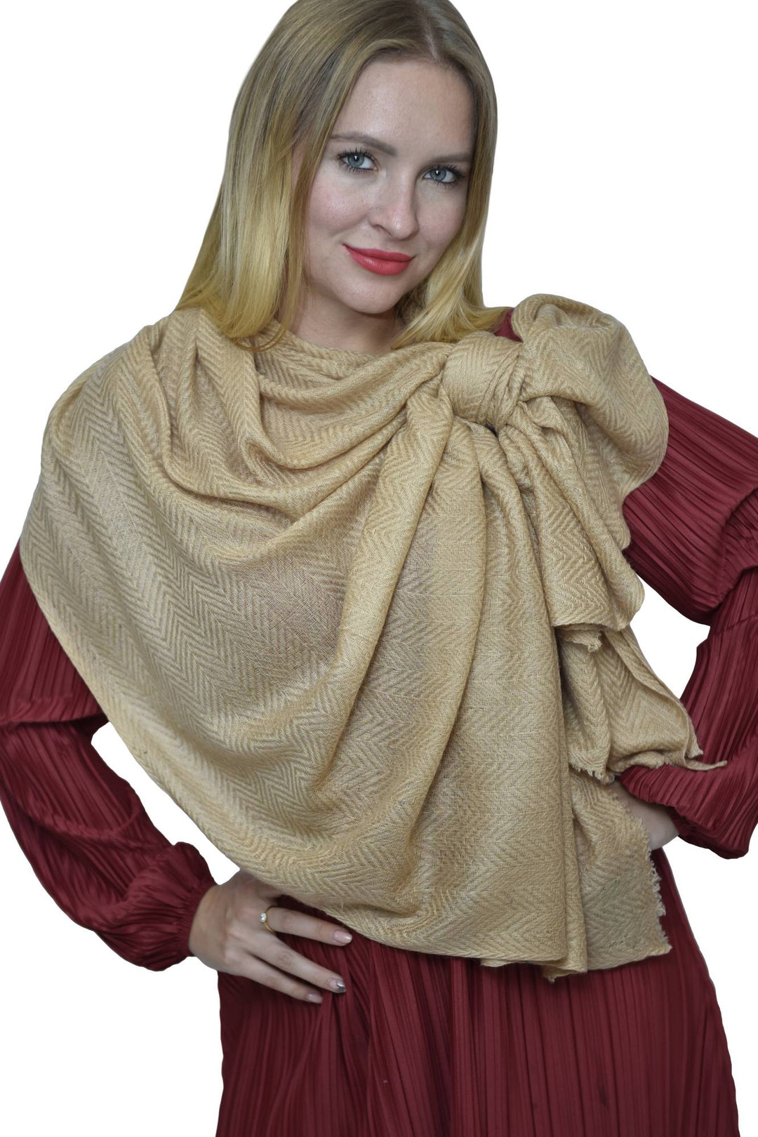 Handmade Pique Camel Brown Textured Large Shawl for Women, Wool Bamboo Cotton Eco-Friendly Hand-Woven Luxurious Cozy Scarf 2024 with Fringes